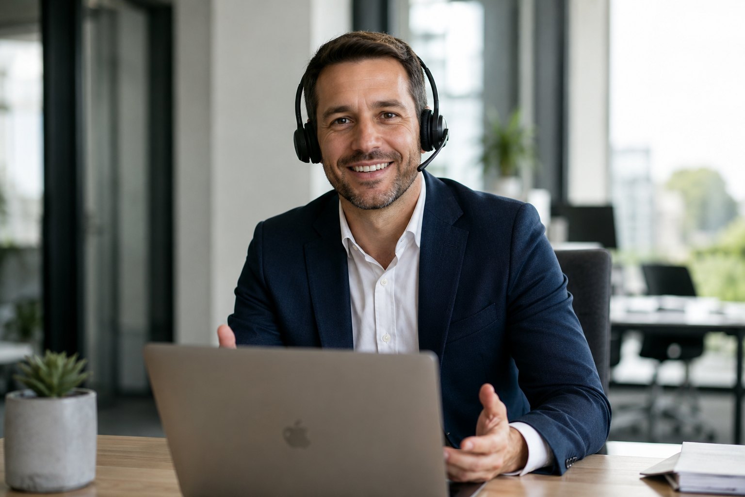 Immobilienberater Mitte dreißig mit Headset am Schreibtisch vor einem aufgeklappten Laptop, lächelnd im Gespräch